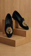 Black Velvet Mojdi Shoes with Gold Crest Embroidery | Dresswala NX