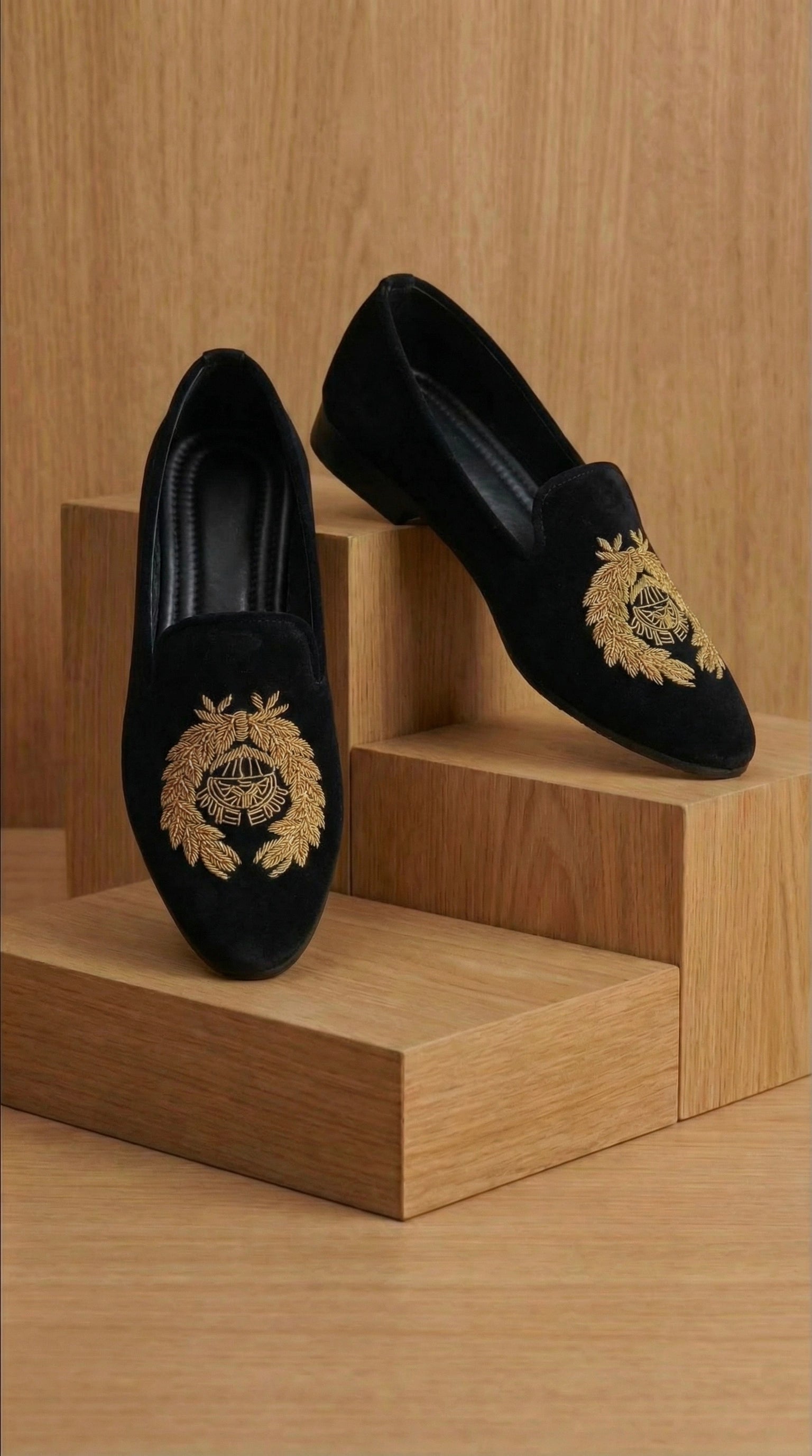 Black Velvet Mojdi Shoes with Gold Crest Embroidery | Dresswala NX