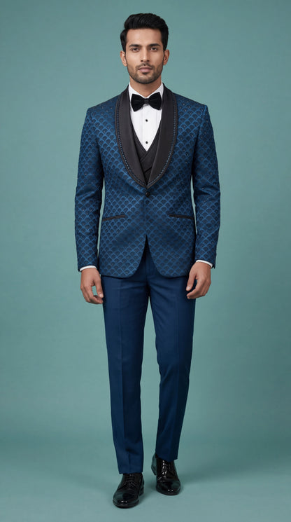 Royal Blue Patterned Indo Western Tuxedo for Men | Dresswala NX