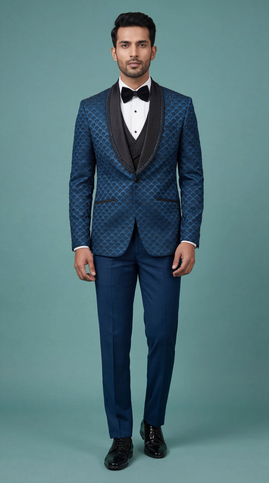 Royal Blue Patterned Indo Western Tuxedo for Men | Dresswala NX