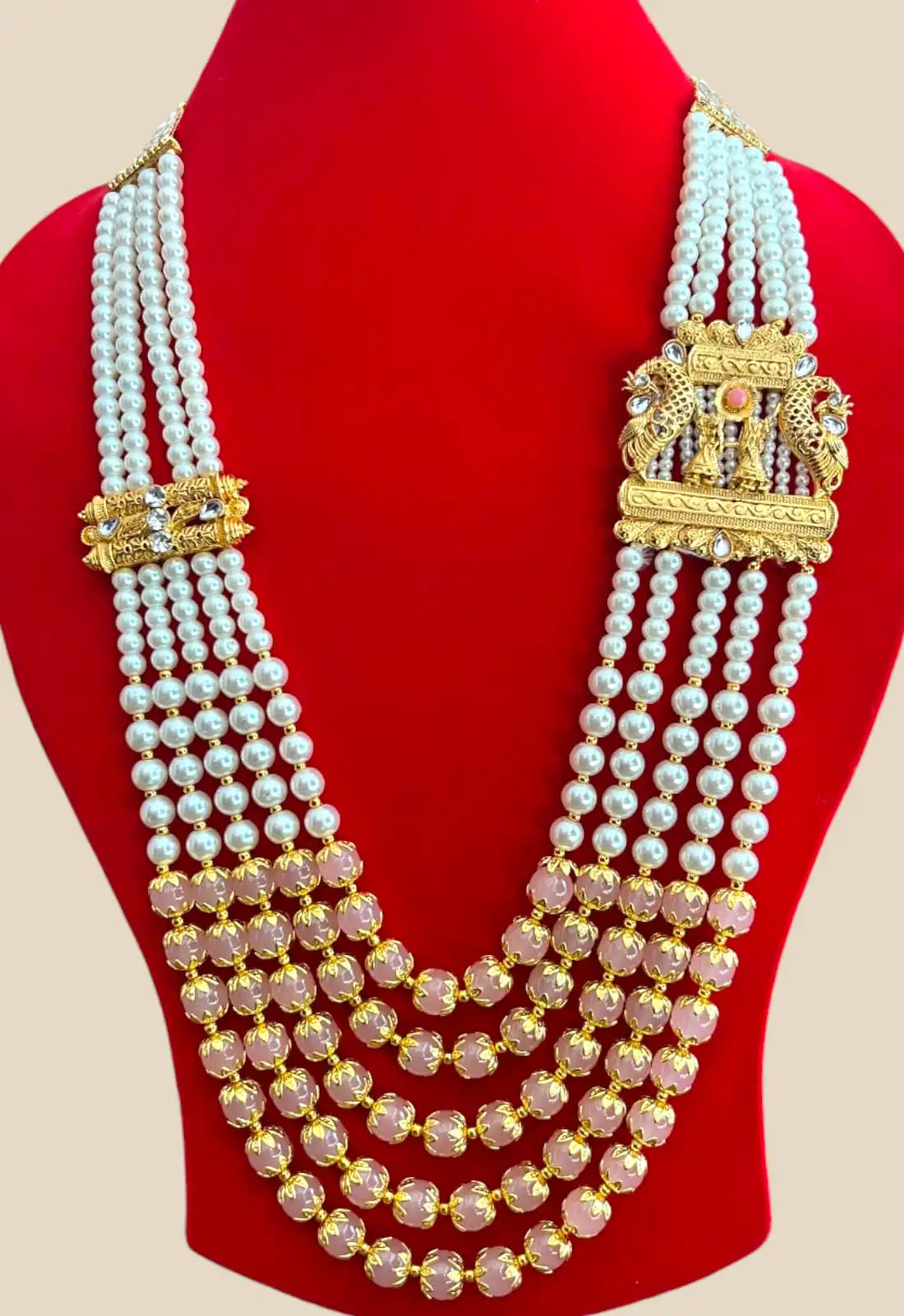 Temple Pearl Mala with Pink Beads and Lakshmi Motif