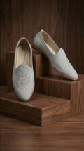 Grey Velvet Mojdi Shoes with Monogram Embroidery | Dresswala NX