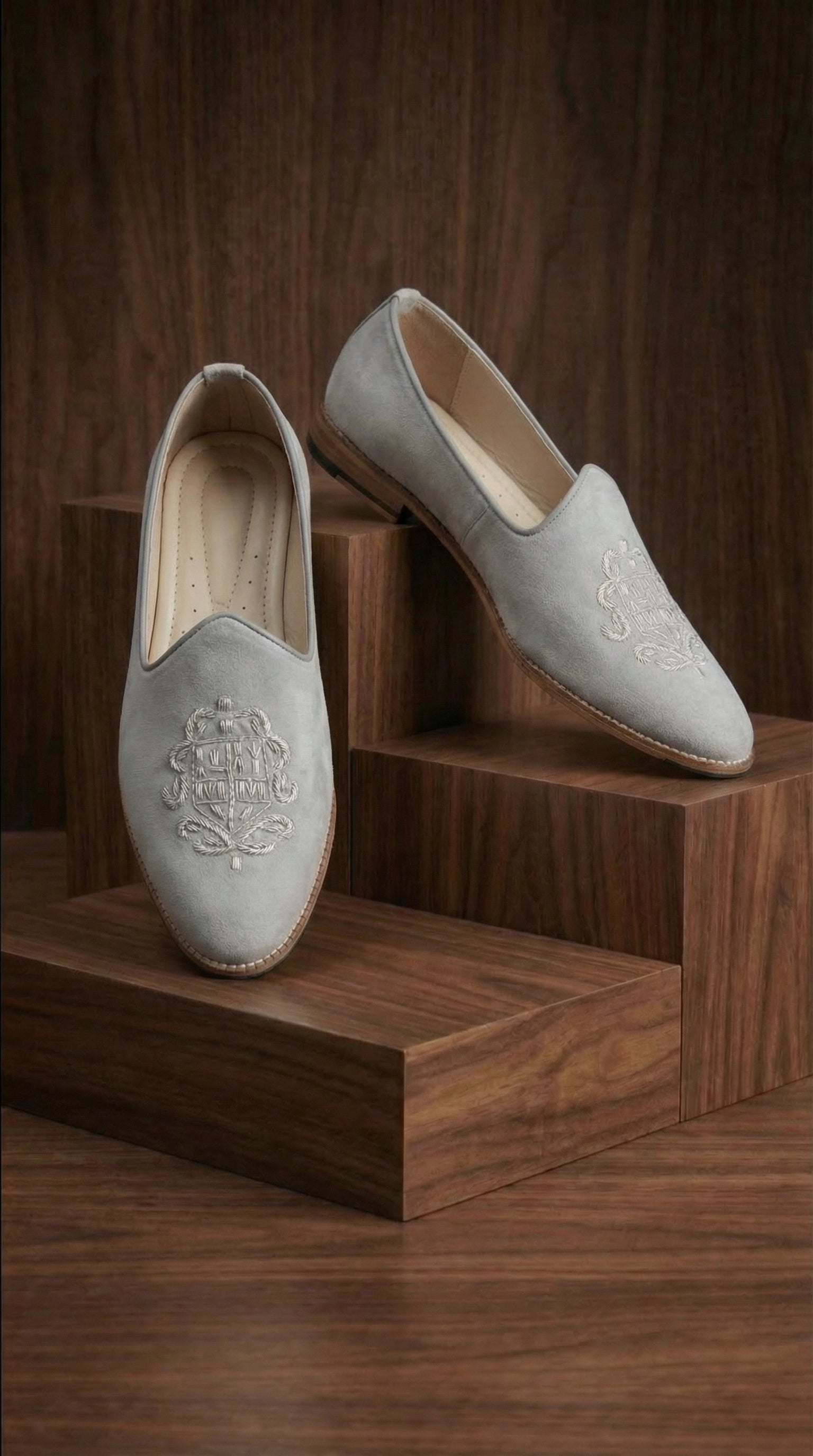 Grey Velvet Mojdi Shoes with Monogram Embroidery | Dresswala NX