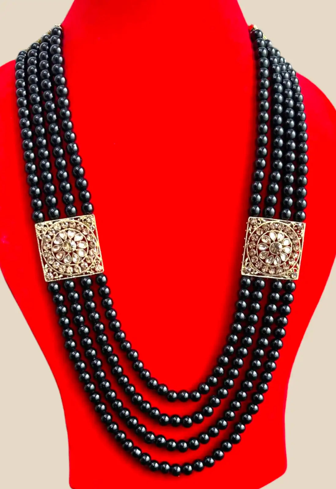 Black Bead Multistrand Necklace with Antique Gold Square Accents