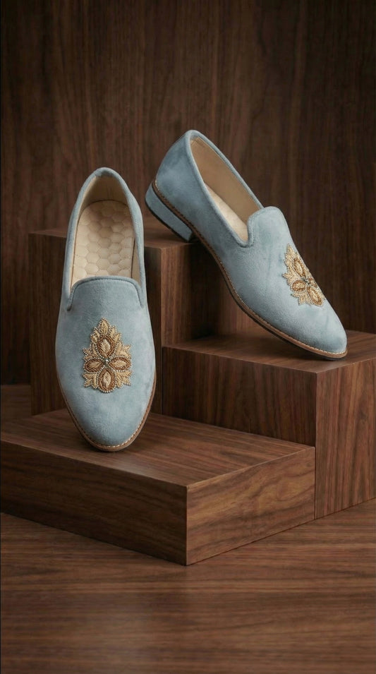Powder Blue Velvet Mojdi Shoes with Gold Motif | Dresswala NX