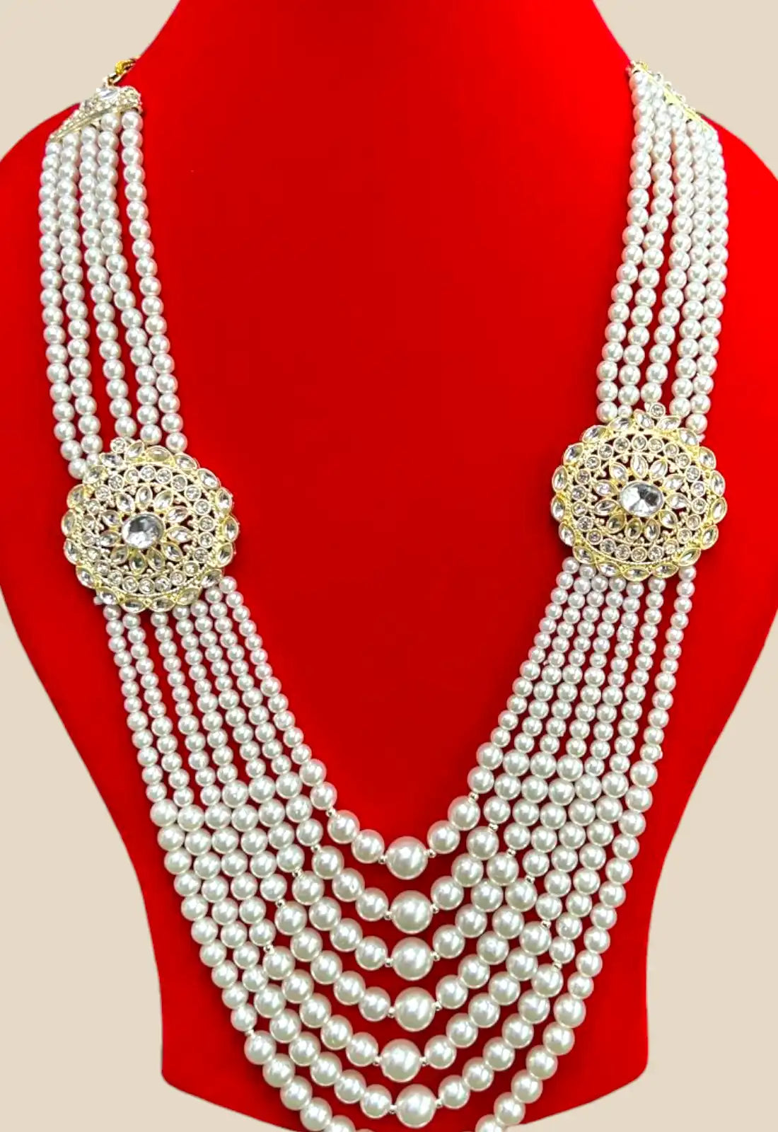 Pearl Multistrand Groom Necklace with Dual Gold Floral Medallions