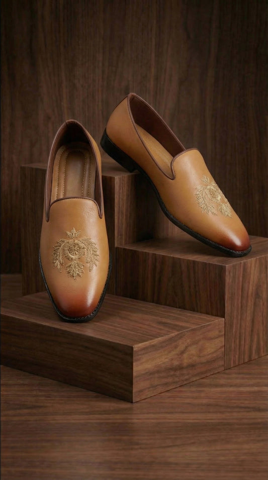 Tan Leather Mojdi Shoes with Gold Embroidery | Dresswala NX