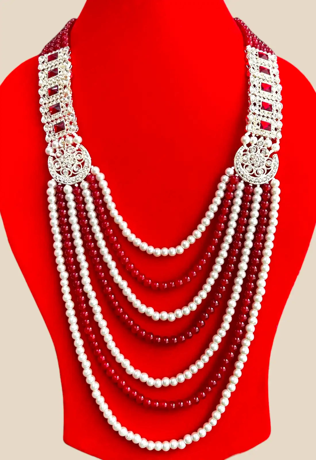 Pearl & Ruby Red Bead Multistrand Necklace with Regal Silver Detailing