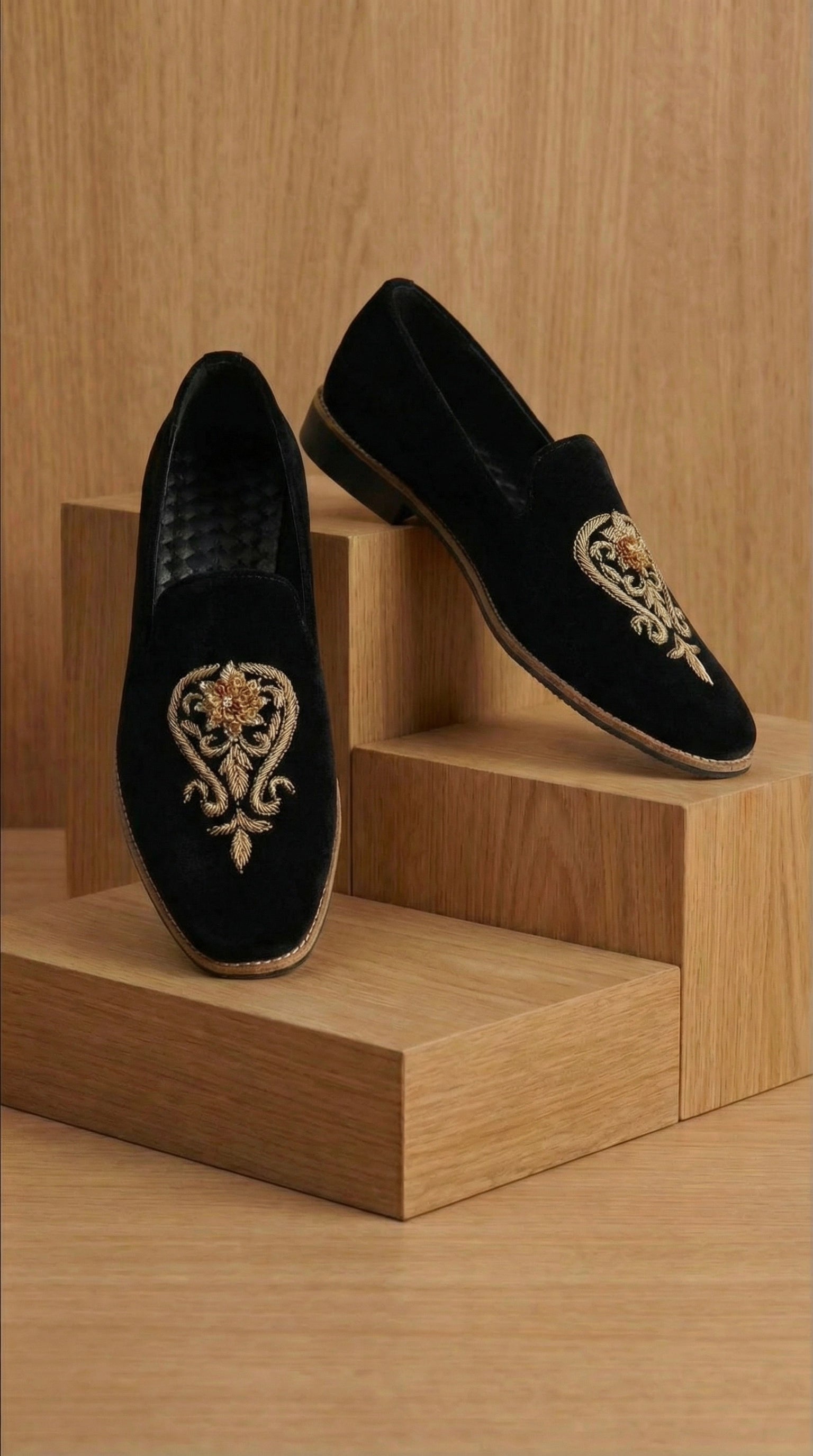 Black Velvet Mojdi Shoes with Gold Floral Embroidery | Dresswala NX