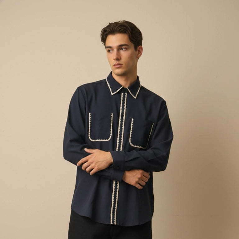 Navy Blue Mandarin Collar Shirt with Contrast Piping | Dresswala NX