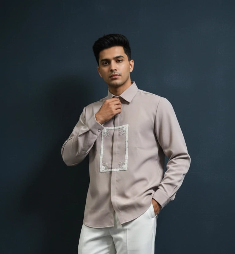 Taupe Club-Wear Shirt with Beaded Frame Motif | Dresswala NX