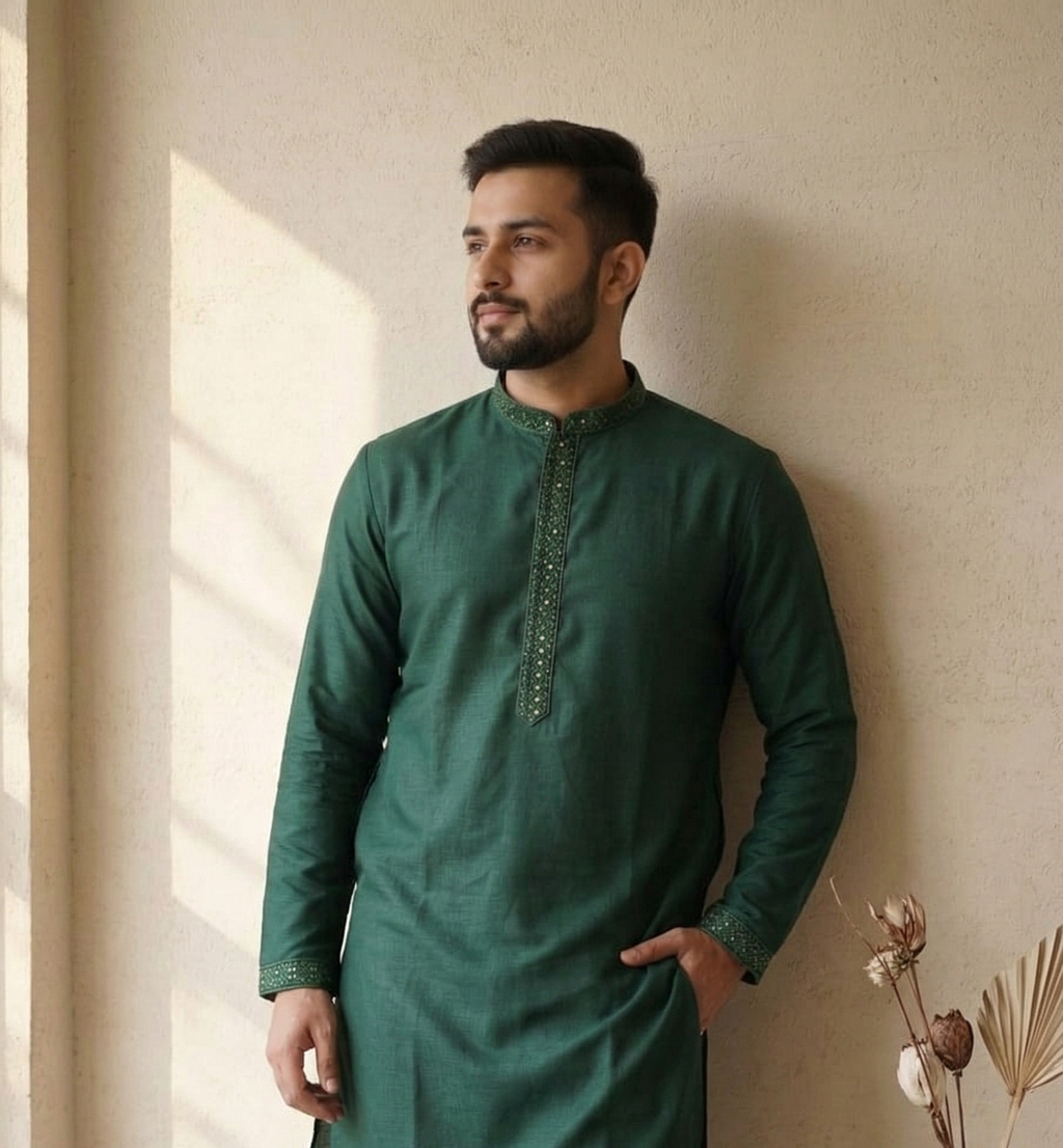 Men's Emerald Green Hand-Embroidered Cotton Kurta Set