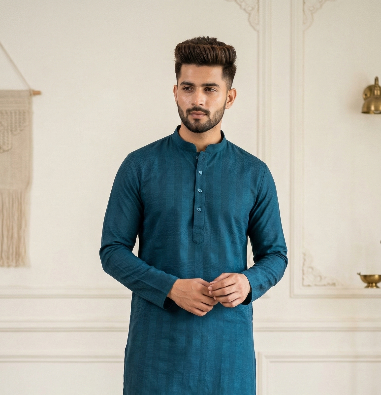 Men’s Teal Blue Textured Cotton Kurta – Slim Fit Mandarin Collar