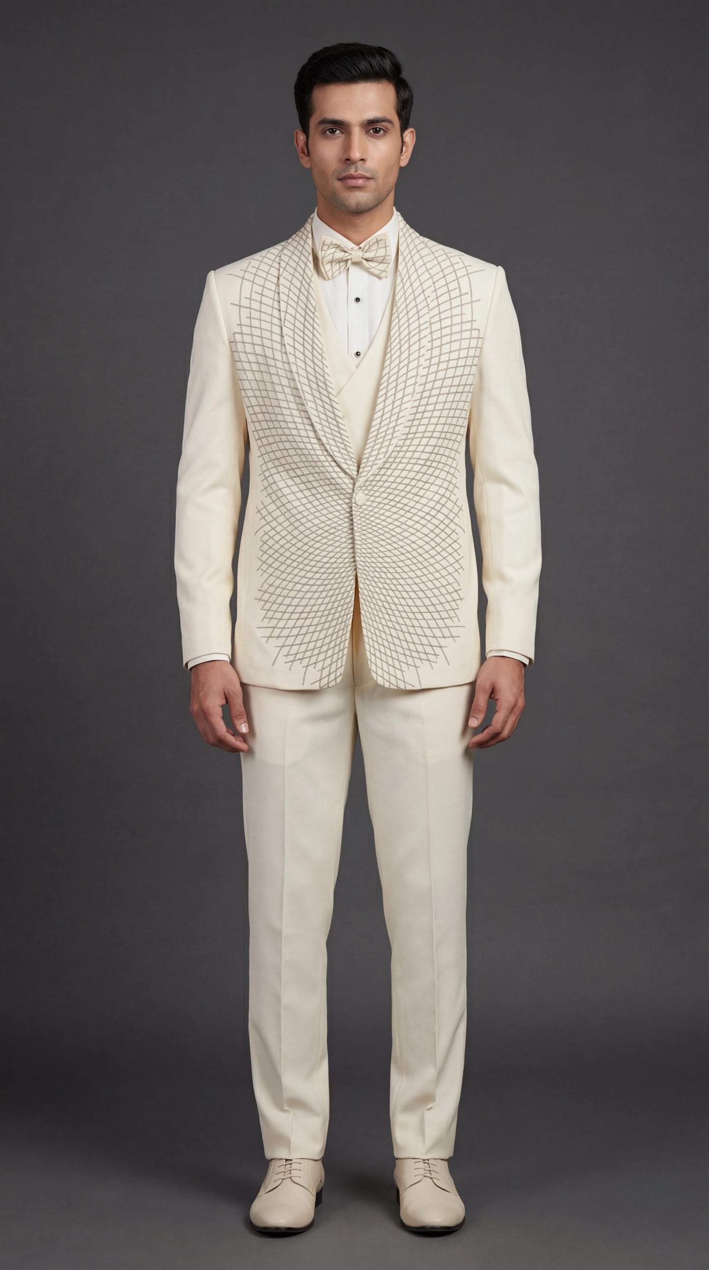 Men’s Ivory Embroidered Tuxedo Suit with Bow Tie | Dresswala NX