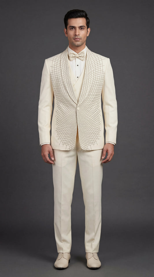 Men’s Ivory Embroidered Tuxedo Suit with Bow Tie | Dresswala NX