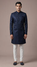 Navy Blue Jacquard Indo-Western Sherwani Set for Men | Dresswala NX