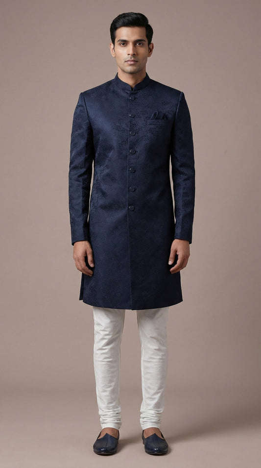 Navy Blue Jacquard Indo-Western Sherwani Set for Men | Dresswala NX