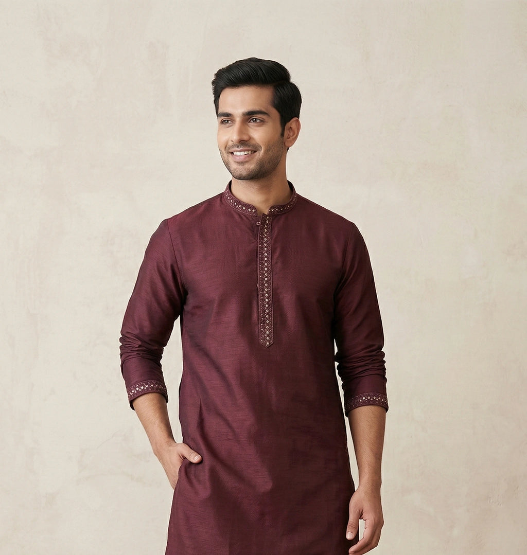 Maroon Kurta for Men with Embroidered Placket | Dresswala NX
