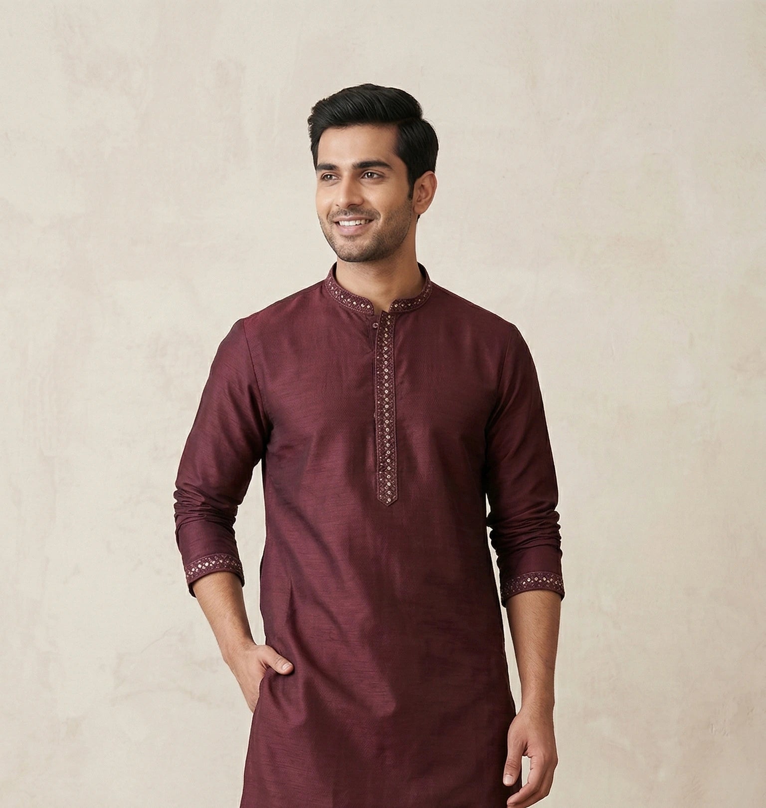 Maroon Kurta for Men with Embroidered Placket | Dresswala NX