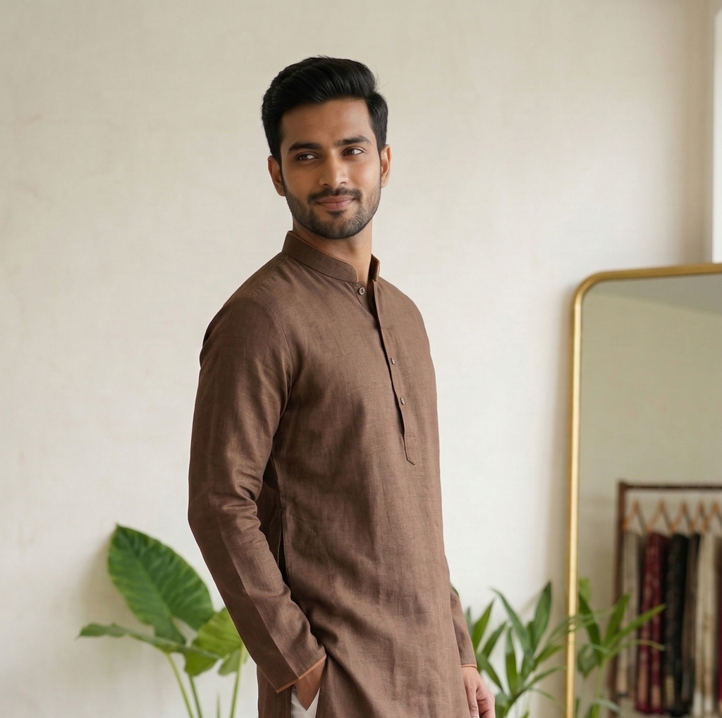 Men’s Coffee Brown Linen Kurta | Contemporary Ethnic Wear – Dresswala NX