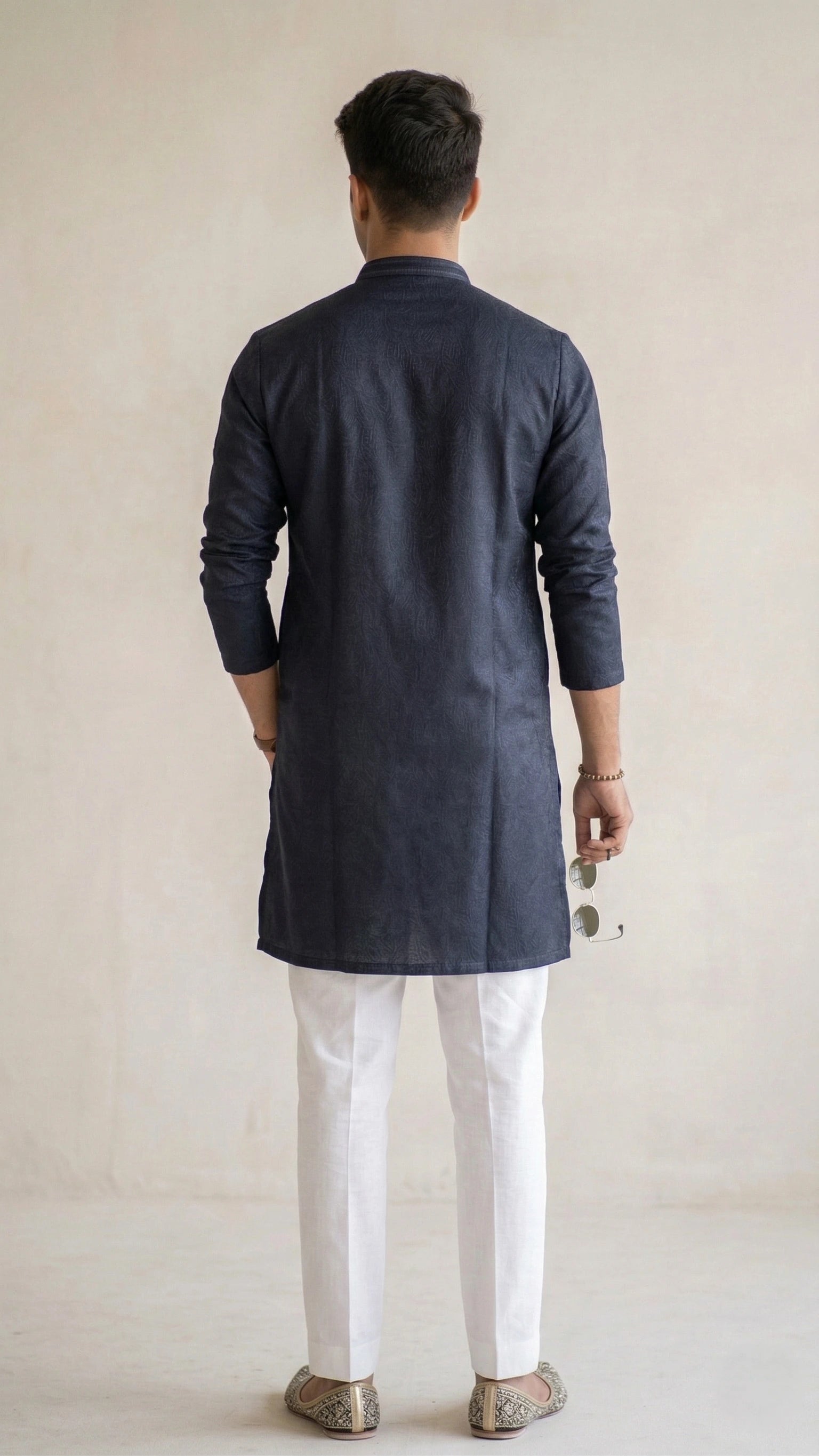 Navy Blue Self-Textured Kurta for Men (Band Collar) | Dresswala NX