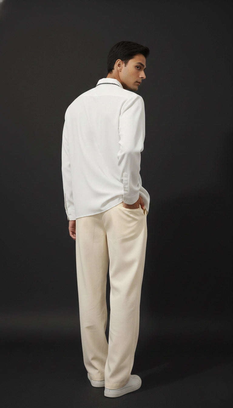 White Club-Wear Shirt with Black Contrast Stitch Detail | Dresswala NX