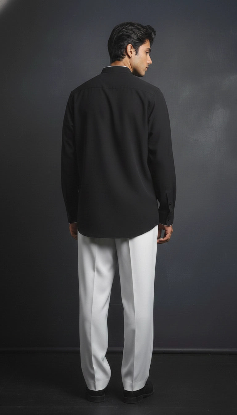 Black Club-Wear Shirt for Men (Contrast Piping, Band Collar) | Dresswala NX
