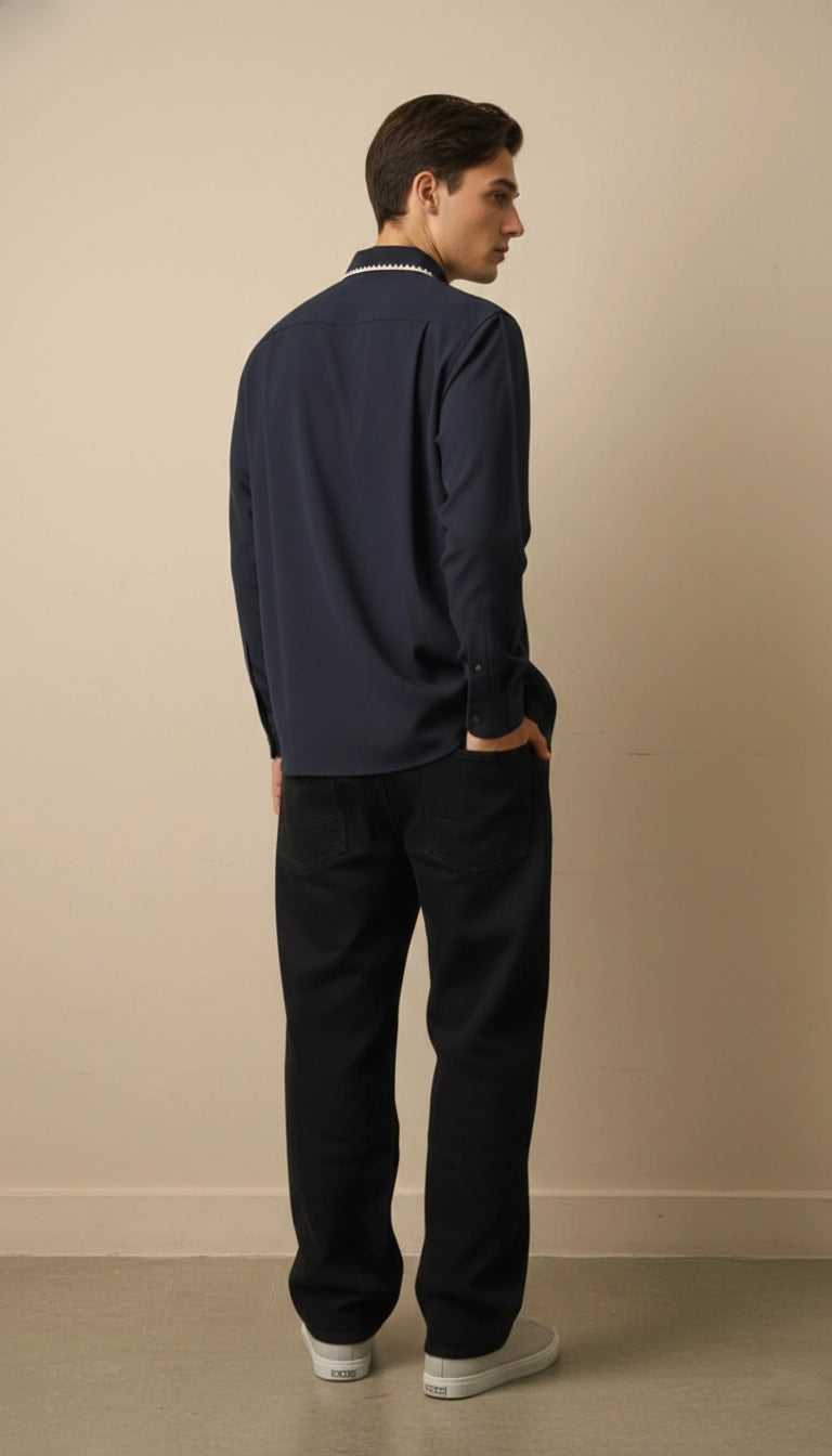 Navy Blue Mandarin Collar Shirt with Contrast Piping | Dresswala NX