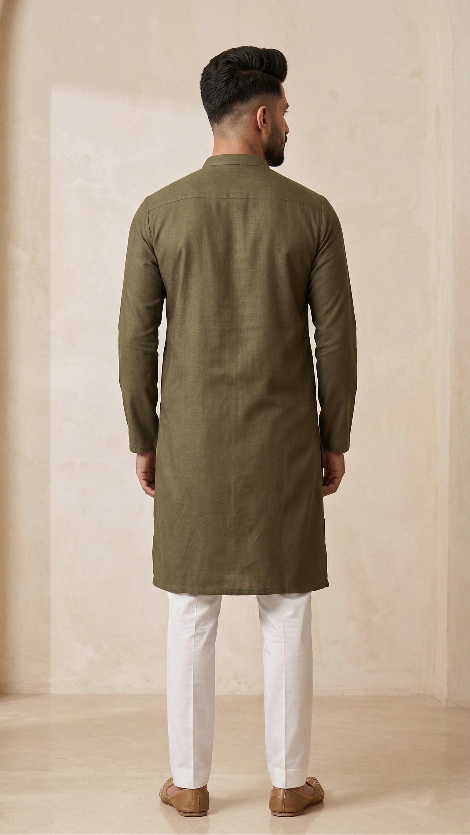 Olive Green Kurta for Men with Embroidered Neckline | Dresswala NX
