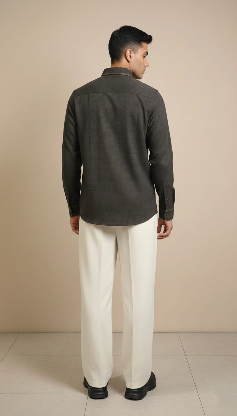 Olive Club-Wear Shirt with Gold Piping & Floral Chest Patch | Dresswala NX