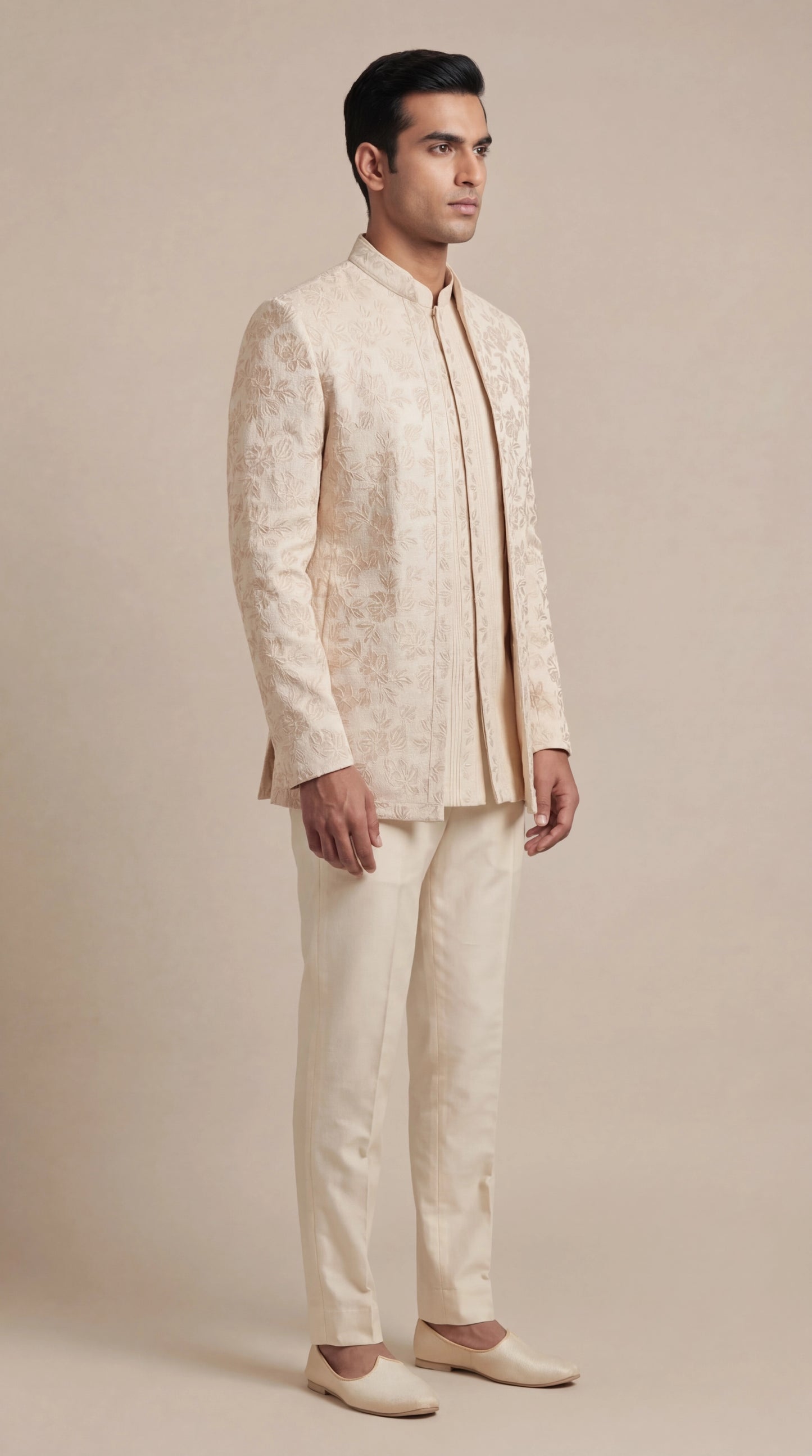 Ivory Jacquard Bandhgala Jacket Set | Dresswala NX