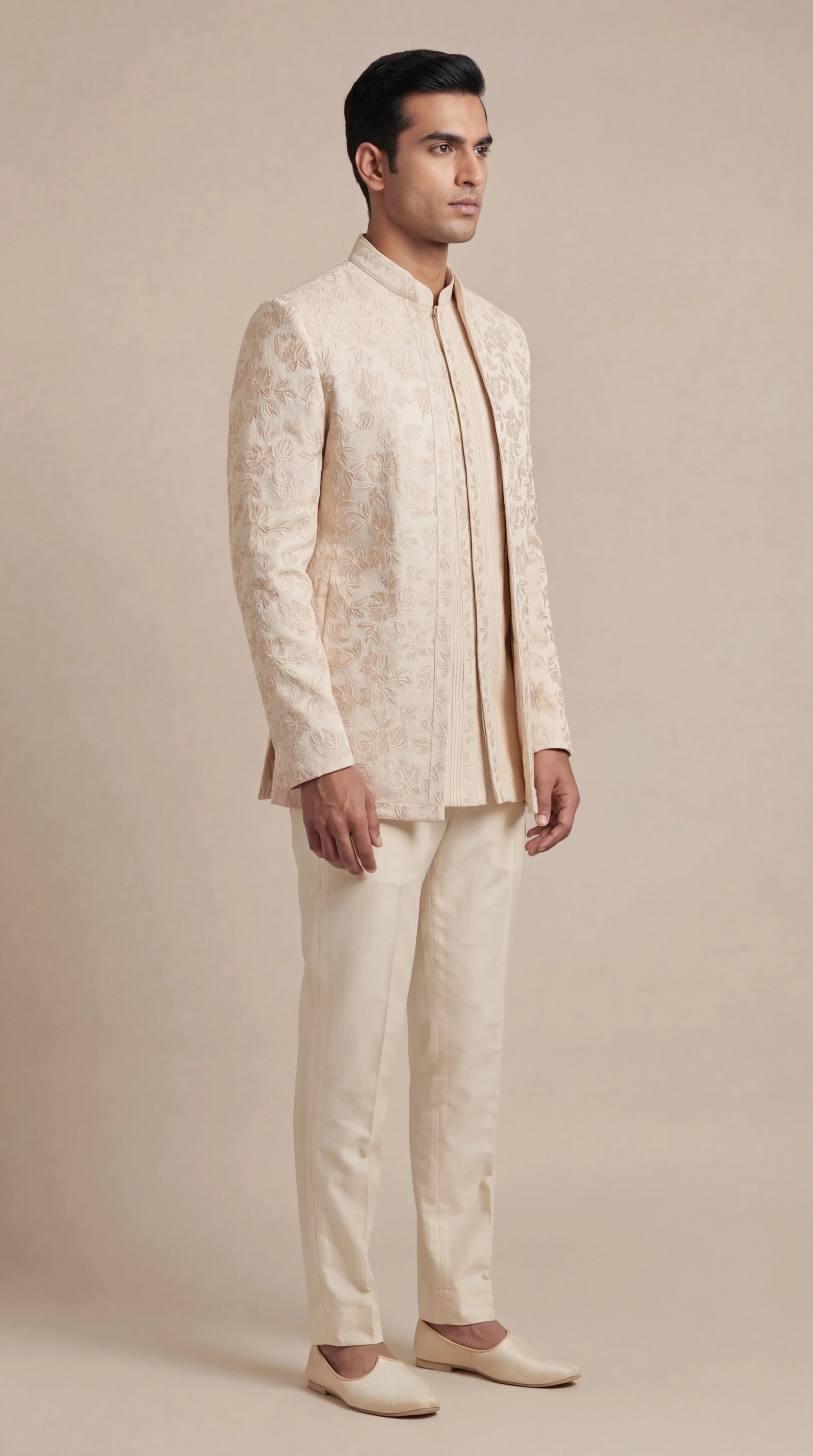 Ivory Jacquard Bandhgala Jacket Set | Dresswala NX