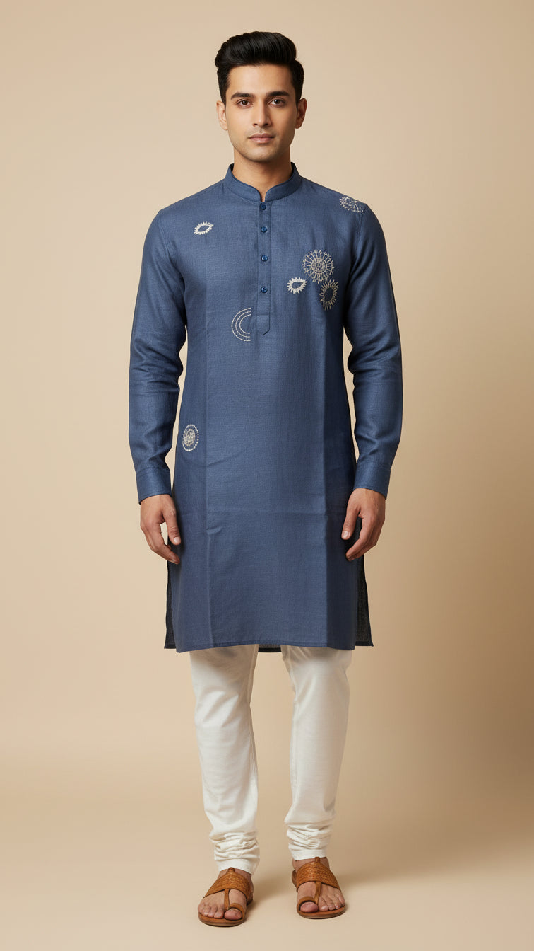 Men’s Indigo Blue Linen Kurta with Subtle Embroidery | Premium Ethnic Wear – Dresswala NX