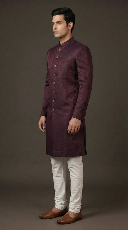 Wine Jacquard Indo-Western Sherwani for Men | Dresswala NX