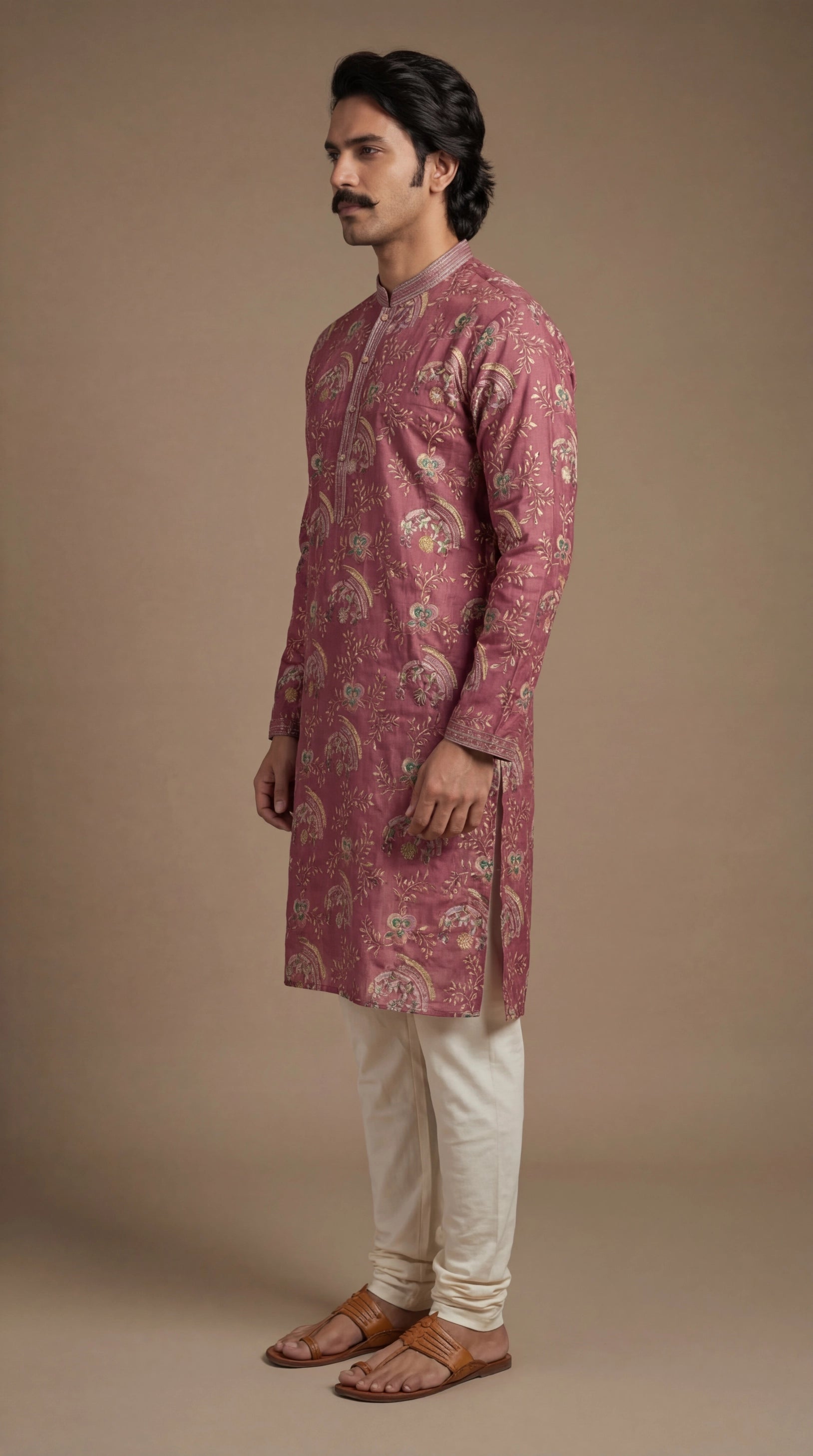 Men’s Wine Floral Printed Kurta | Elegant Festive Wear – Dresswala NX