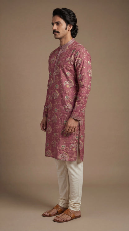 Men’s Wine Floral Printed Kurta | Elegant Festive Wear – Dresswala NX