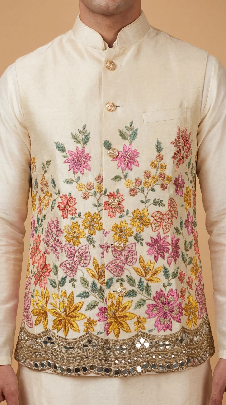 Cream Floral Embroidered Waistcoat for Men | Dresswala NX