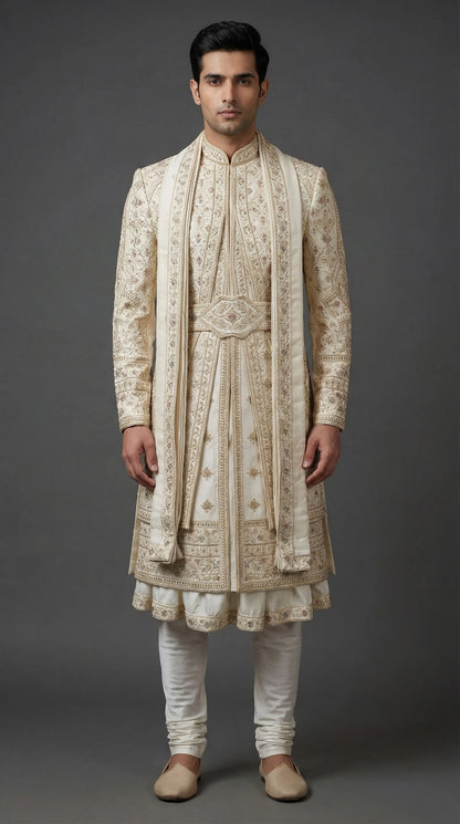 Ivory Regal Groom Sherwani with Intricate Embroidery | Dresswala NX