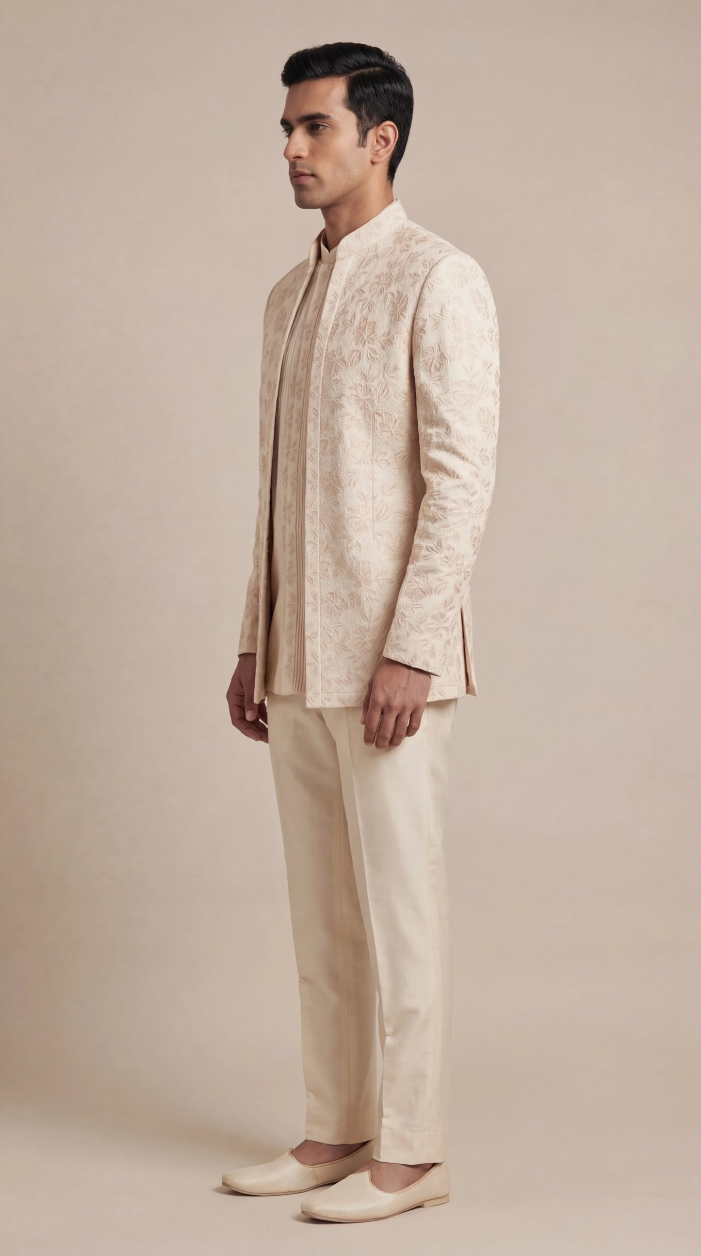 Ivory Jacquard Bandhgala Jacket Set | Dresswala NX