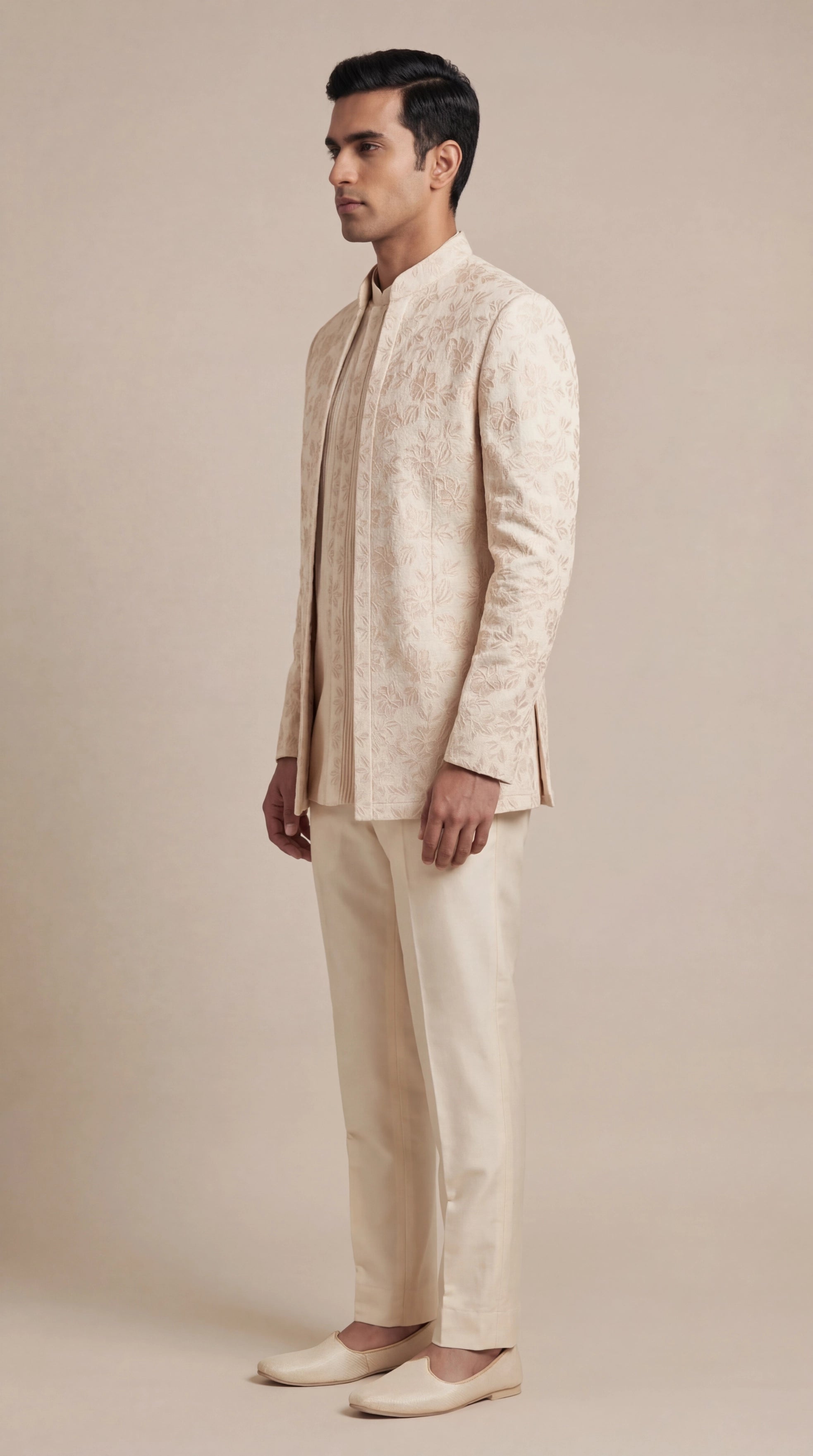 Ivory Jacquard Bandhgala Jacket Set | Dresswala NX