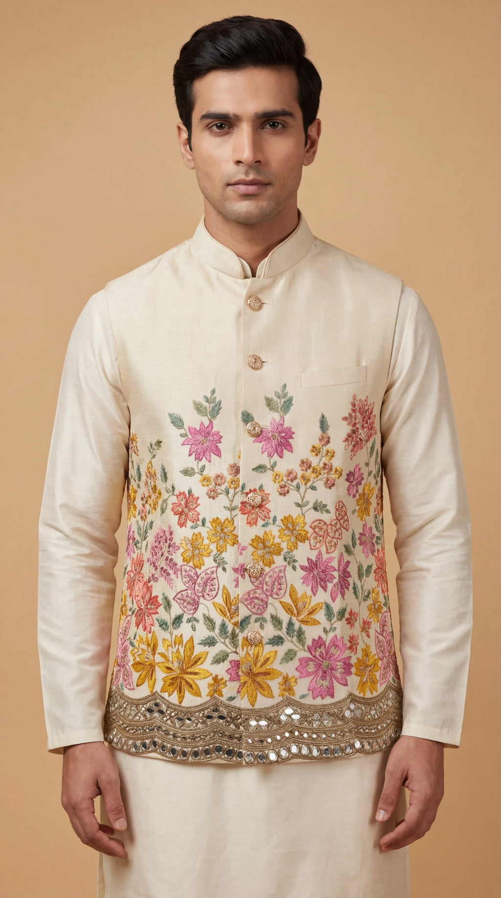 Cream Floral Embroidered Waistcoat for Men | Dresswala NX