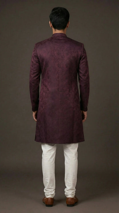 Wine Jacquard Indo-Western Sherwani for Men | Dresswala NX