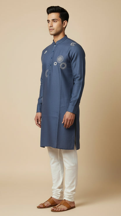 Men’s Indigo Blue Linen Kurta with Subtle Embroidery | Premium Ethnic Wear – Dresswala NX