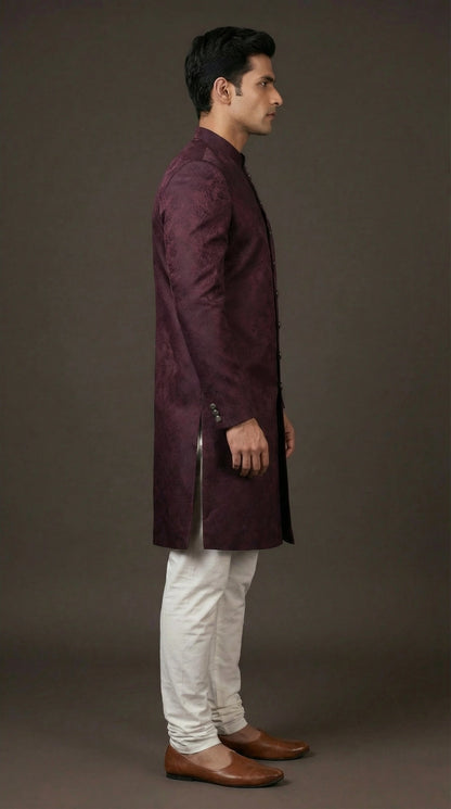 Wine Jacquard Indo-Western Sherwani for Men | Dresswala NX
