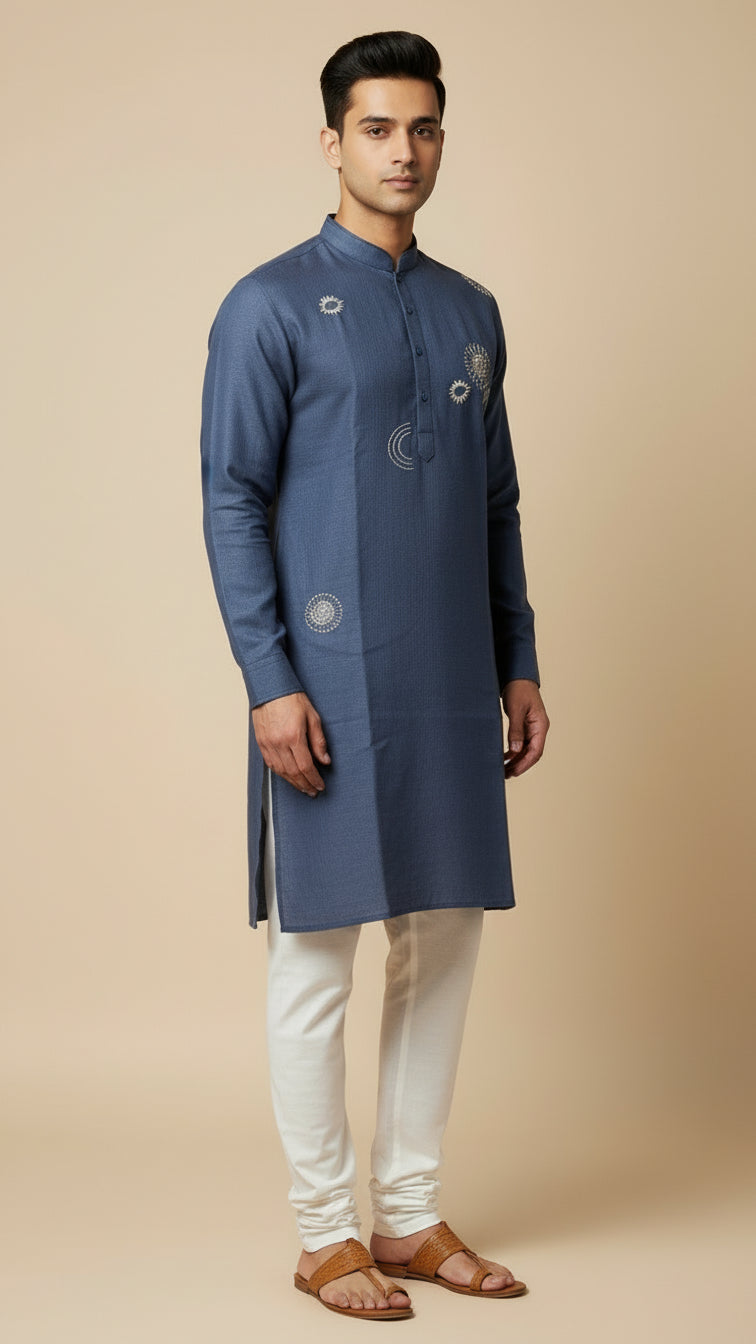 Men’s Indigo Blue Linen Kurta with Subtle Embroidery | Premium Ethnic Wear – Dresswala NX