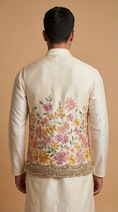 Cream Floral Embroidered Waistcoat for Men | Dresswala NX