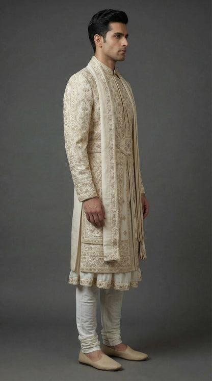 Ivory Regal Groom Sherwani with Intricate Embroidery | Dresswala NX