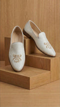 Ivory Jacquard Mojdi Shoes with Gold Threadwork | Dresswala NX