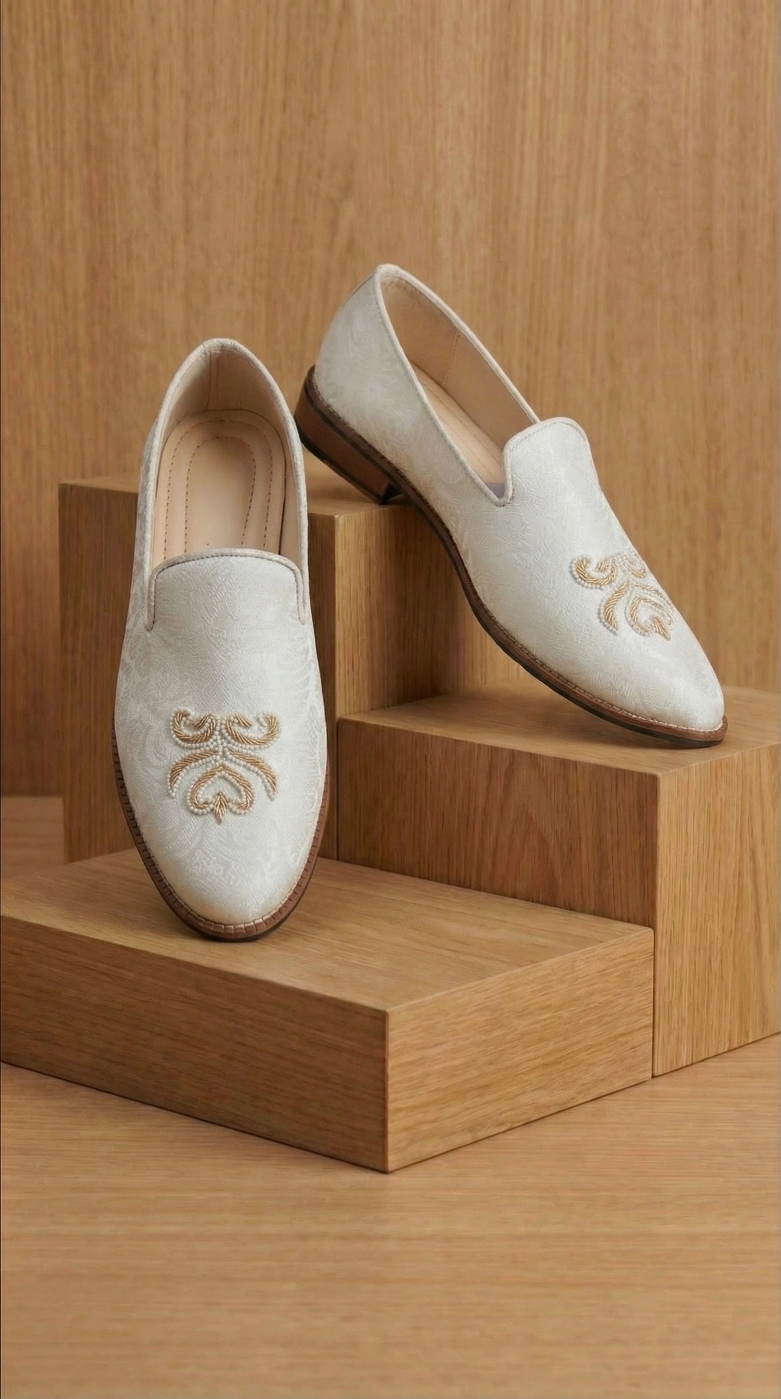 Ivory Jacquard Mojdi Shoes with Gold Threadwork | Dresswala NX