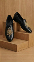 Black Leather Mojdi Shoes with Gold Royal Embroidery | Dresswala NX
